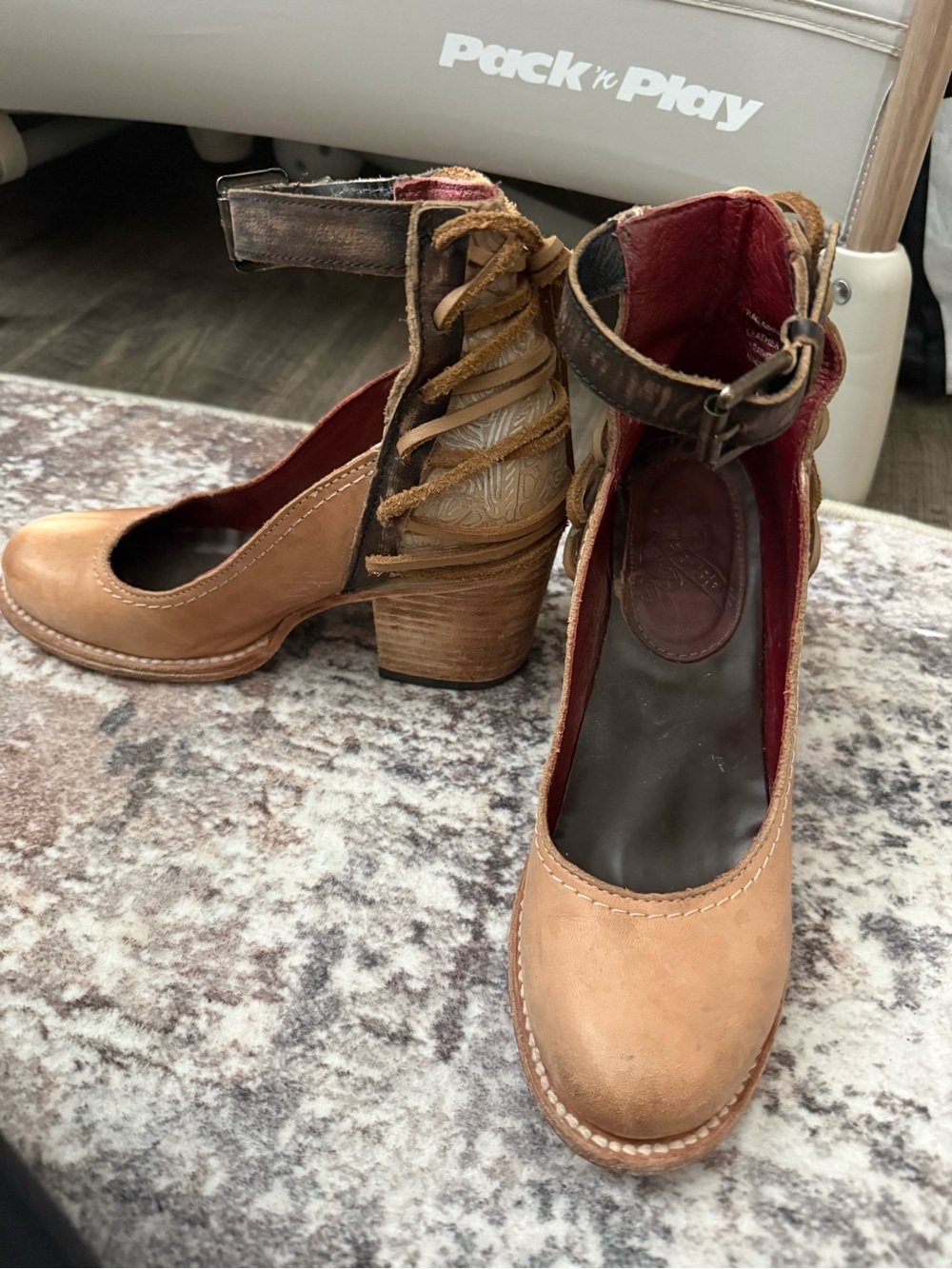 Freebird Taupe Raeanne size 5 Tan Leather Block Heel Pumps with Ankle Strap